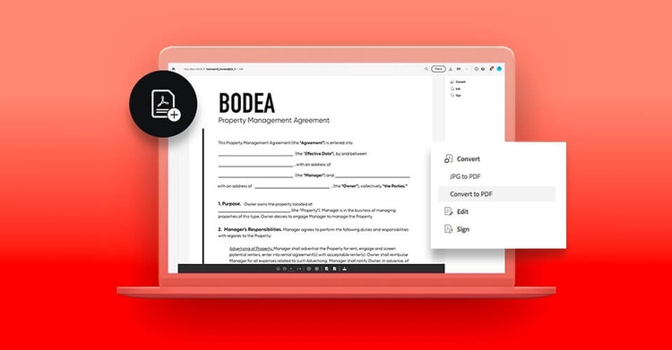 A graphic of exporting a property management agreement to PDF using Adobe Acrobat DC