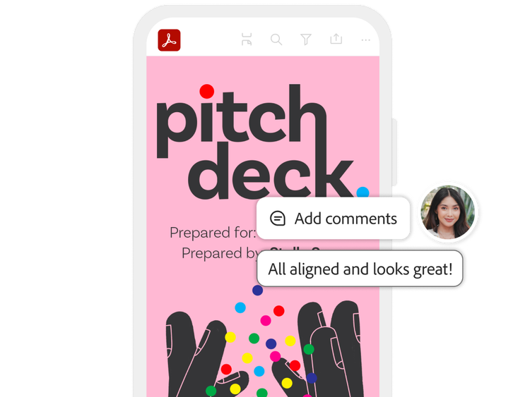 Mobile phone screen with pink pitch deck cover, bold text, colorful dots, and comment overlay from a collaborator.