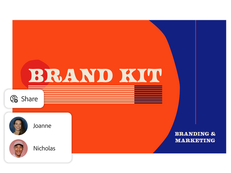 Brand kit slide with bold ‘Brand Kit’ text, orange and navy shapes, and UI showing sharing and collaborator avatars.
