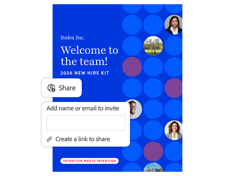 Blue new hire welcome kit cover with circular patterns, company name, and UI for sharing and inviting collaborators.