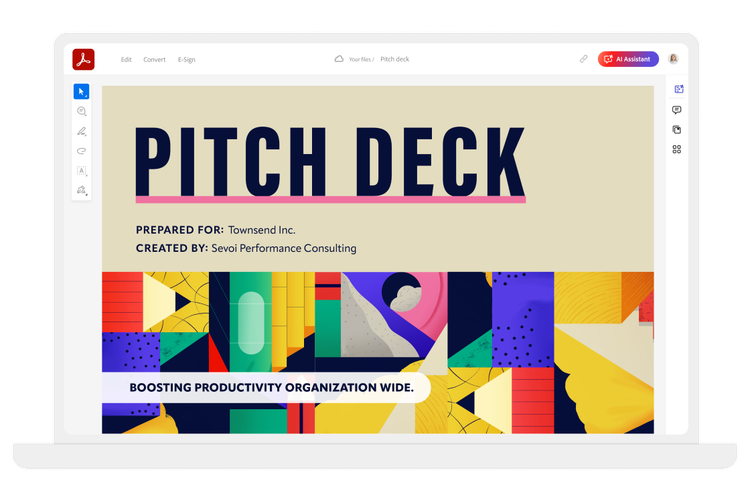 Laptop displaying a pitch deck with artwork and interface tools for editing and AI assistance.