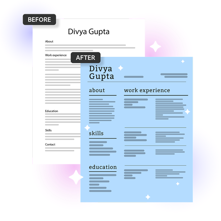 Before and after of an AI-redesigned resume with a modern blue two-column layout.