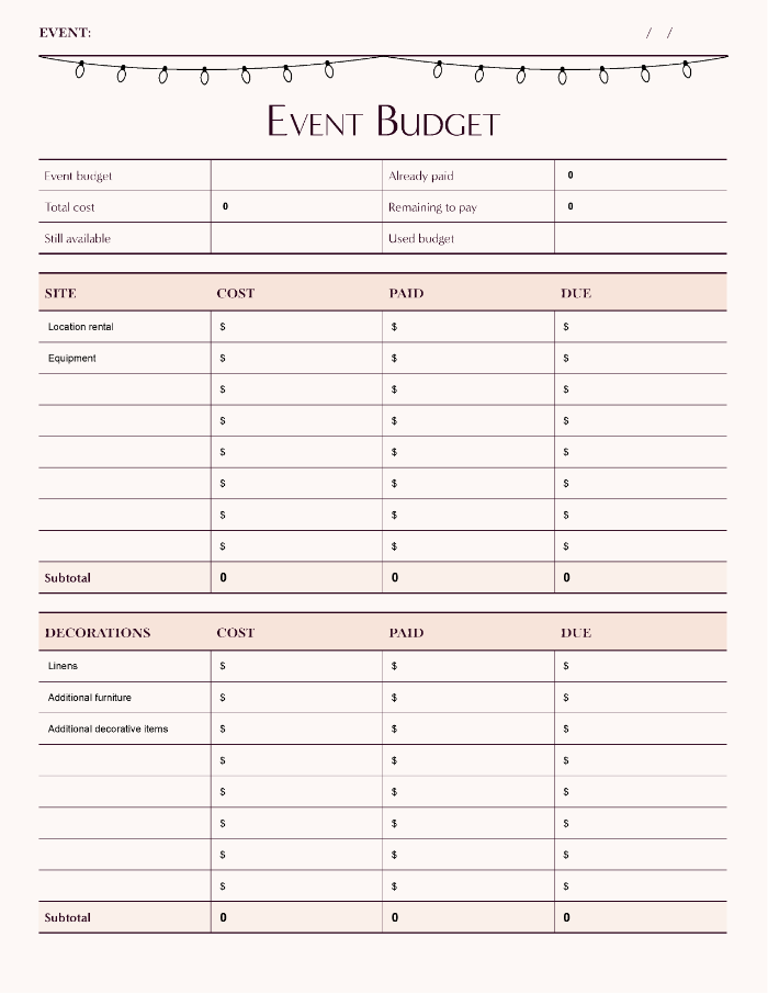 A screenshot of a free event planning budget PDF template available for download.