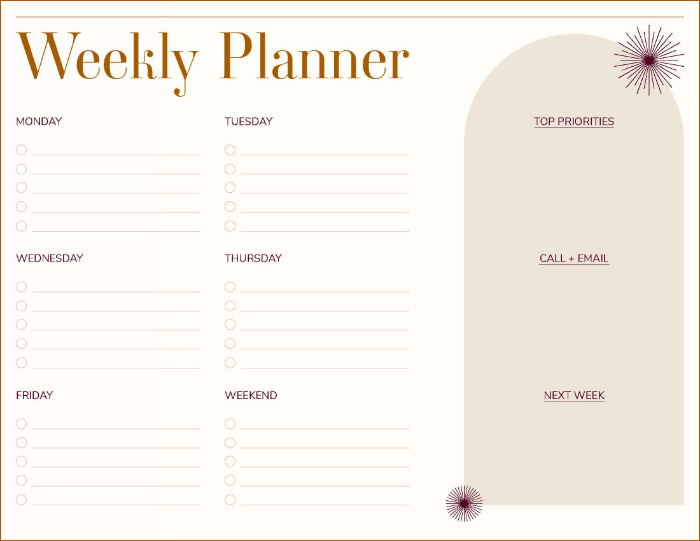A screenshot of a free downloadable weekly planner template PDF.