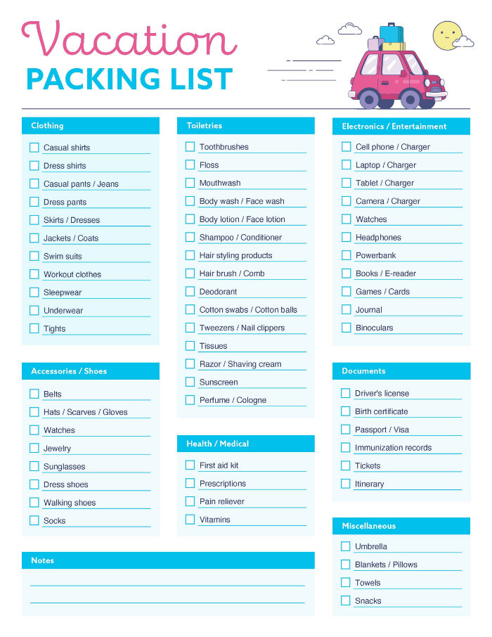 Screenshot of a vacation packing list template.