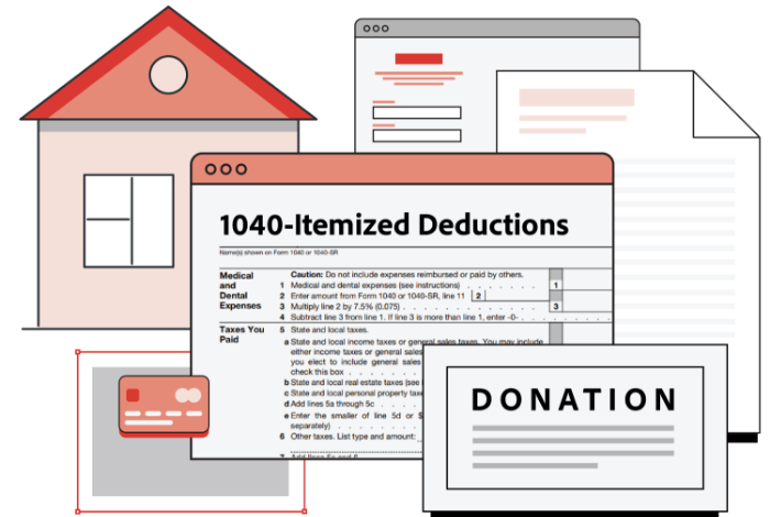 Symbolic illustration of a 1040 form, a house, and other documentation for itemized deductions.