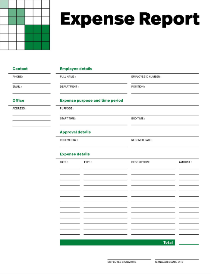 A screenshot of a free downloadable expense report template PDF.