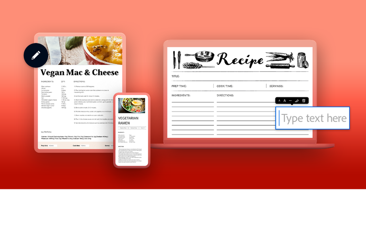 Screenshots of three customizable recipe card templates.