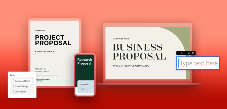 Screenshots of customizable project proposal, research proposal, and business proposal templates.
