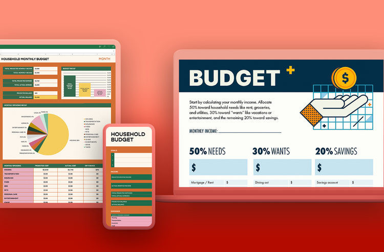 Previews of free templates for a household monthly budget and a 50/30/20 budget with customizable fields.