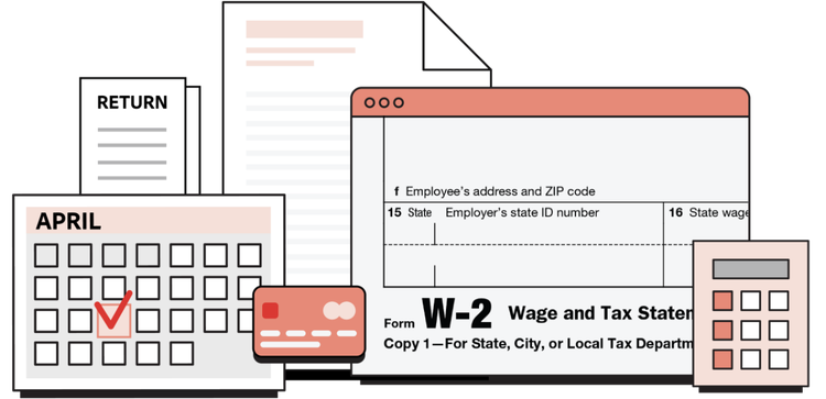 A simple illustration of a calendar, credit card, W-2, and other tax forms.