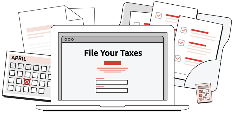A simple illustration of loose papers and a laptop computer screen displaying the text File Your Taxes.
