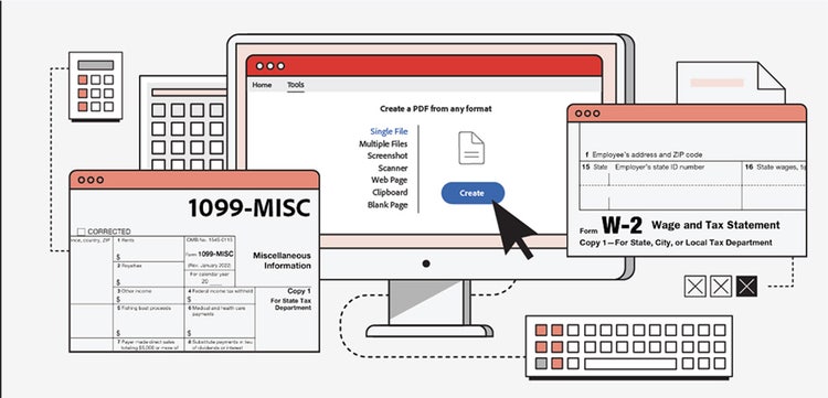 A simple line illustration of multiple interfaces, devices, and documents needed when organizing tax information.