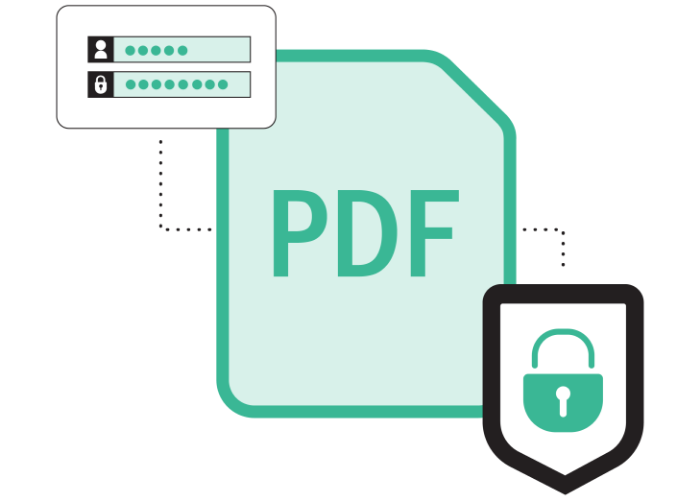 A PDF icon in the center of a lock icon and password login screen.