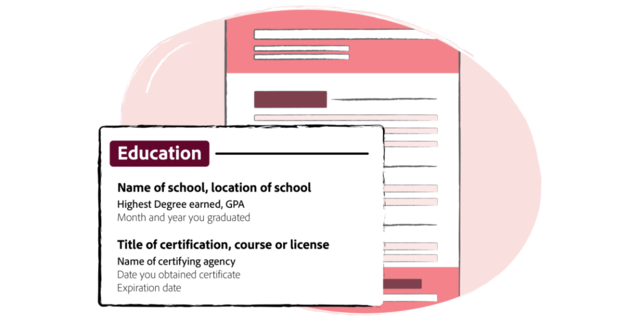Information about an applicant's university, name of the degree, and name of certificates are included in the education section of a resume.