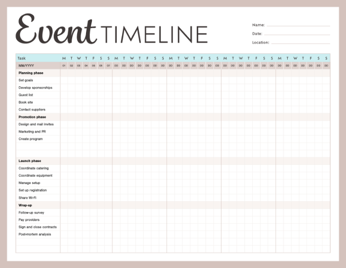 A screenshot of an event planning timeline PDF template available for free download.