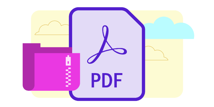 A digital folder and Adobe PDF file surrounded by cloud icons.