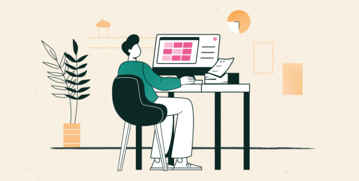 An illustrated man sits at a desk and creates a schedule on his desktop.