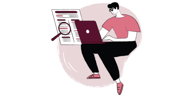 An illustration of a man using a laptop to proofread his resume.