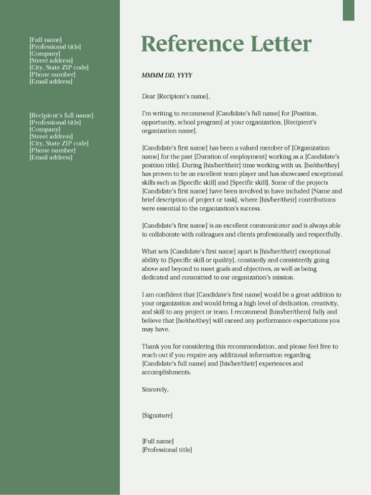 Screenshot of a reference letter template.