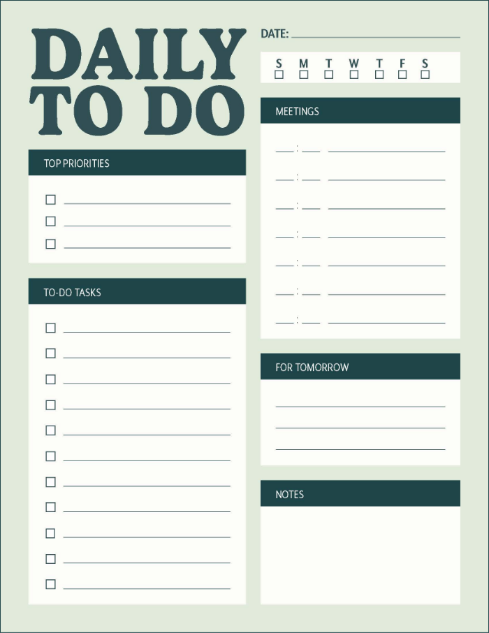 A screenshot of a free downloadable daily to-do list template PDF.