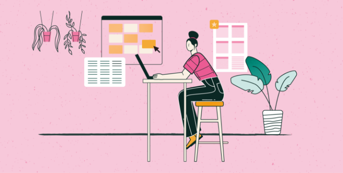An illustrated woman sits at a high-top desk and creates a schedule template.