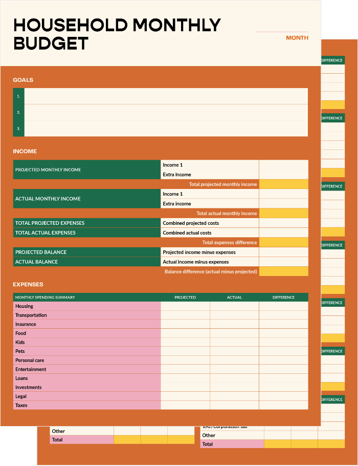 Screenshots of a household monthly budget template PDF and Excel spreadsheet.