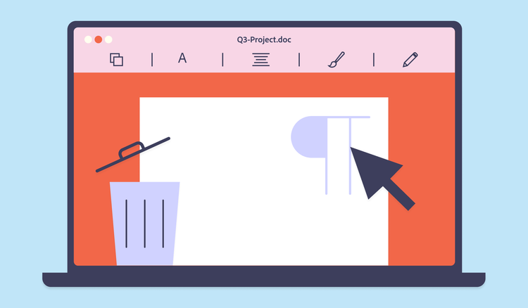 A generic word processor on a laptop has a file open with a paragraph mark and a trash can on the screen.