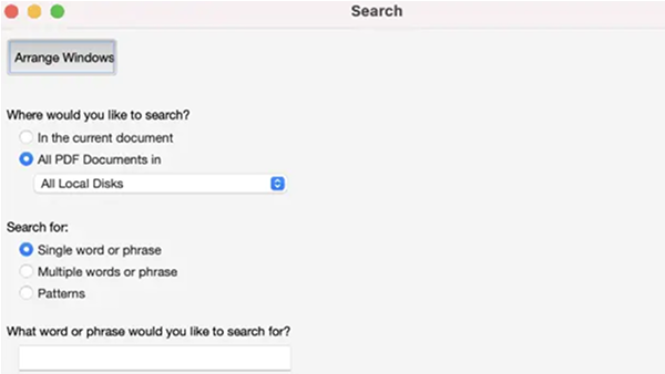 Search the current PDF or all PDFs in another location to redact every word or instance.