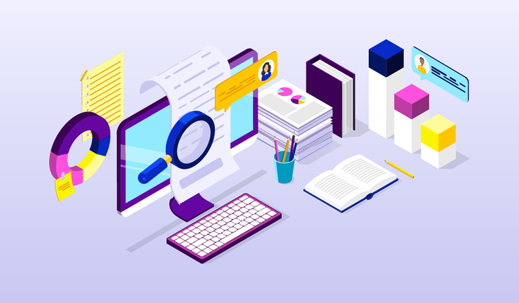 A desktop computer is surrounded by items to help write a research paper.