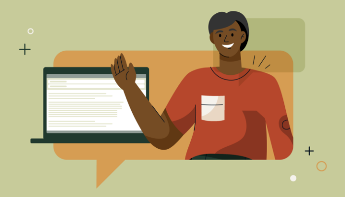 An illustration of a woman in a large orange conversation waving to a laptop computer screen, representing her introduction in an email.