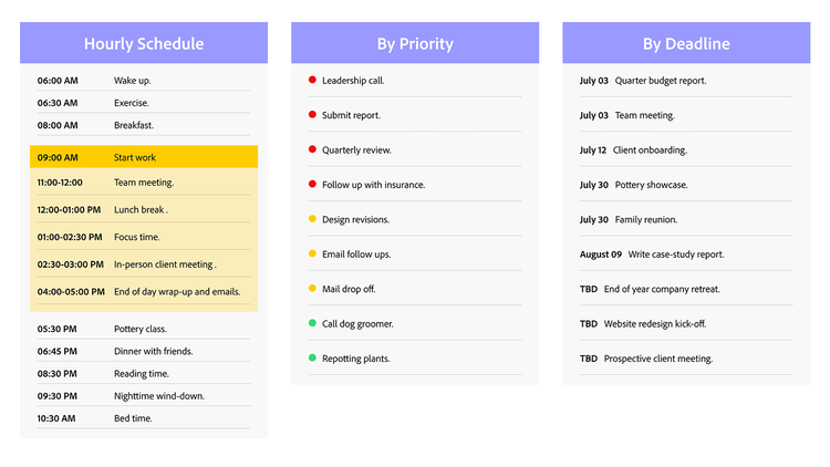 table displaying three different formats for how to make a daily schedule, including hourly, by priority, and by deadline.