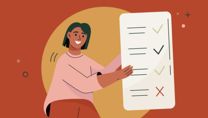 An illustration of a woman holding a lifesize checklist showing dos and don'ts for writing a self-introduction email.