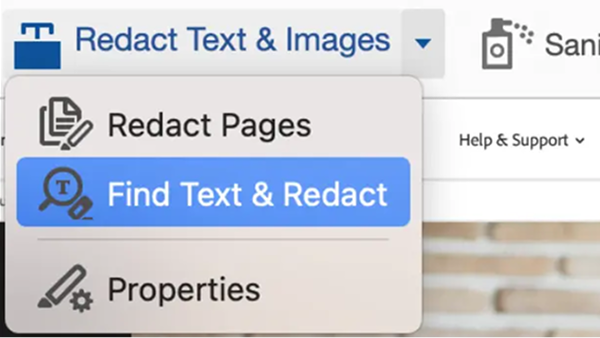 Click the drop-down menu to find text and redact every instance in a PDF.