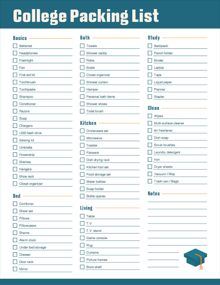 Screenshot of a college packing list template.