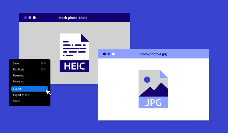 An HEIC image file is exported to a JPG format on a desktop computer.