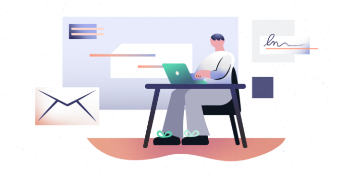 An illustration shows a man sitting at a desk typing a 2 weeks' notice letter on his laptop.