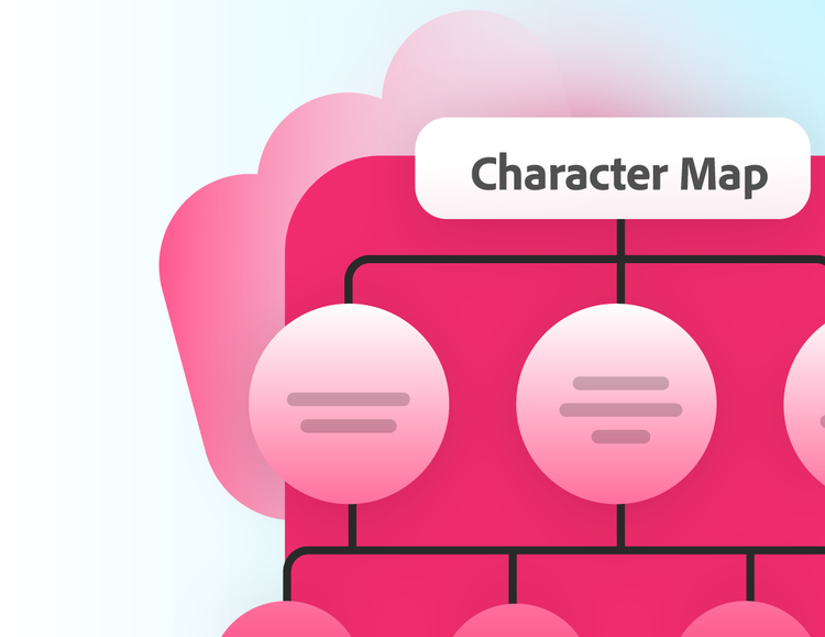 Pink illustration of a character tree map.