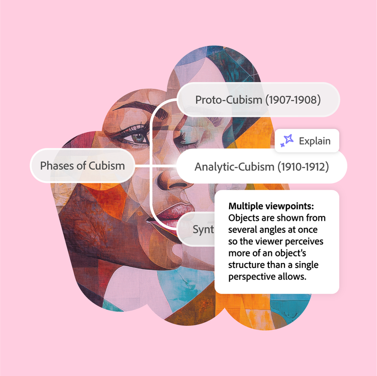 A mind map with one topic and three branches on a pink background with an artistic face illustration. One branch includes a popup displaying additional detail.