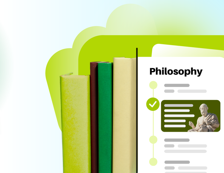 Green illustration of a philosophy study guide. Books stacked behind.