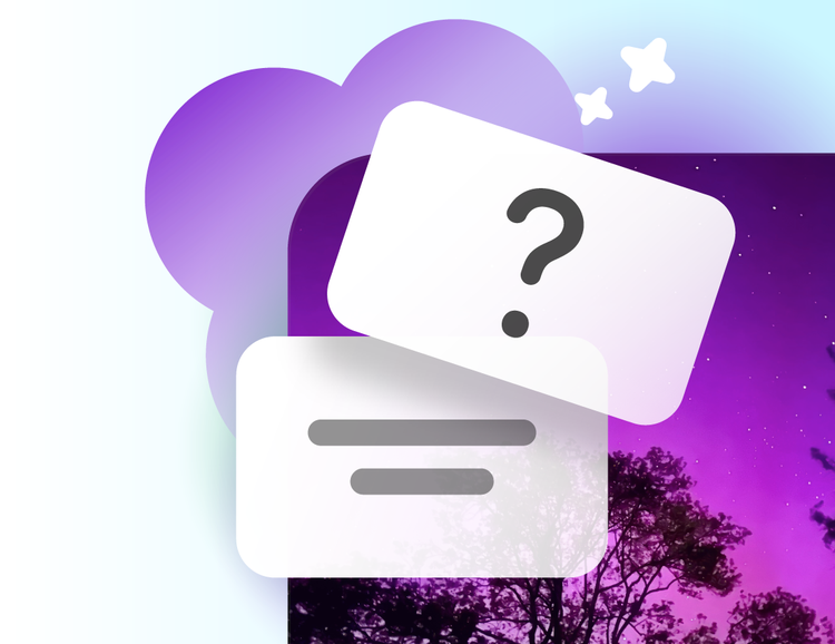 Purple illustration of flashcards. Top card has a question mark.