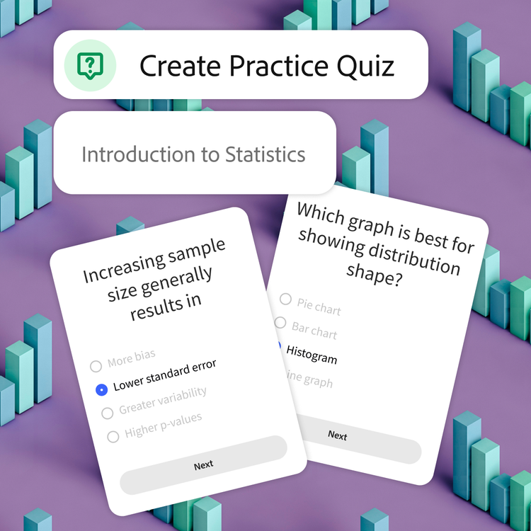 Tool is prompted to create a practice quiz for an introduction to statistics course. Blue bar graphs scattered on a purple background represent the topic of the sample questions on top.