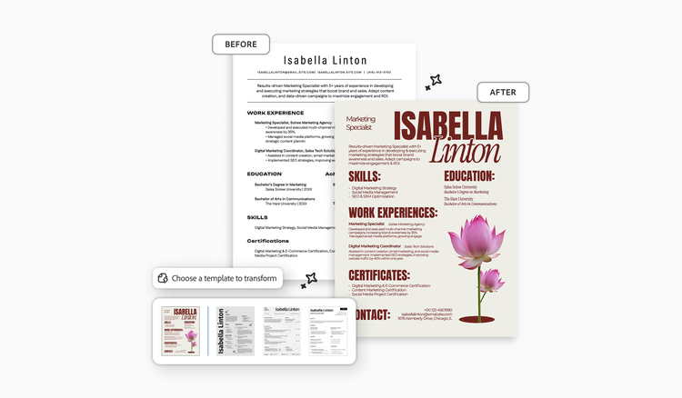 Before-and-after images of a resume transformed by using a template.