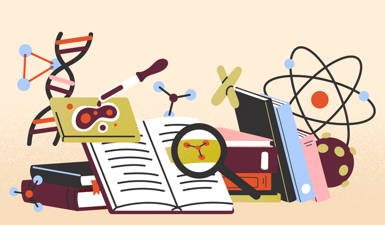 Stacks of books are surrounded by scientific symbols.