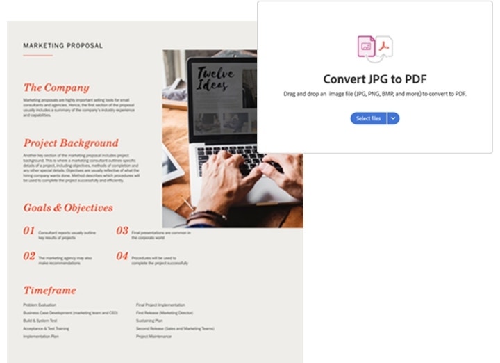 A marketing proposal in JPG format being converted to PDF with the Convert JPG to PDF window overlaid