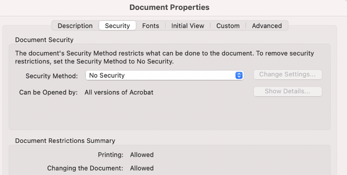 A Document Properties menu shows the document Security options