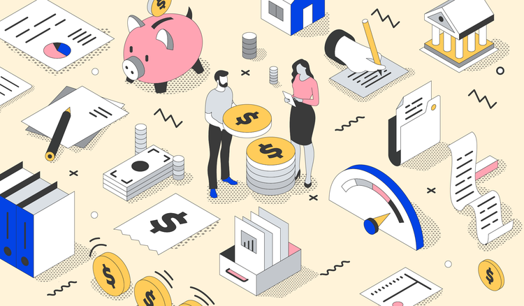 A man and a woman stand around a large pile of dollar sign tokens, with other financial documents and a piggy bank surrounding them.