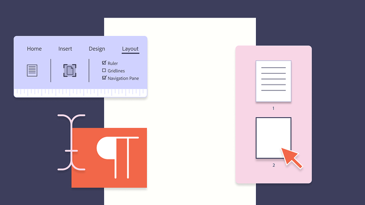 A layout menu in a generic word processor shows paragraph marks and an overview of the pages of the file.