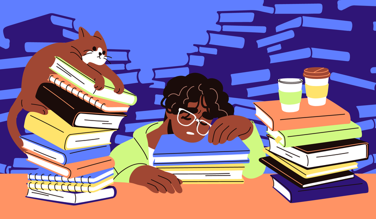 A student sitting at a desk with stacks of books, cups of coffee, and a cat lying over the books faces college burnout.