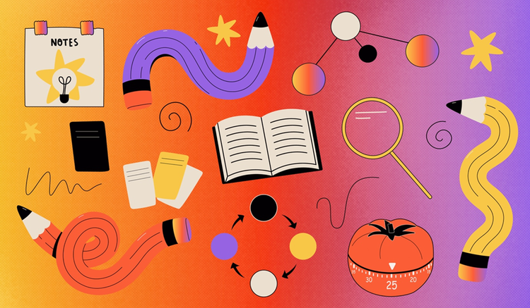 Notes, pencils, flashcards, a magnifying glass, a book, a timer, and more study tools are shown.